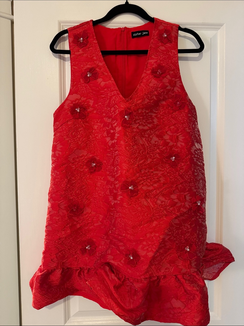Sister Jane Red Floral 3D-Appliqué V-Neck Mini Dress